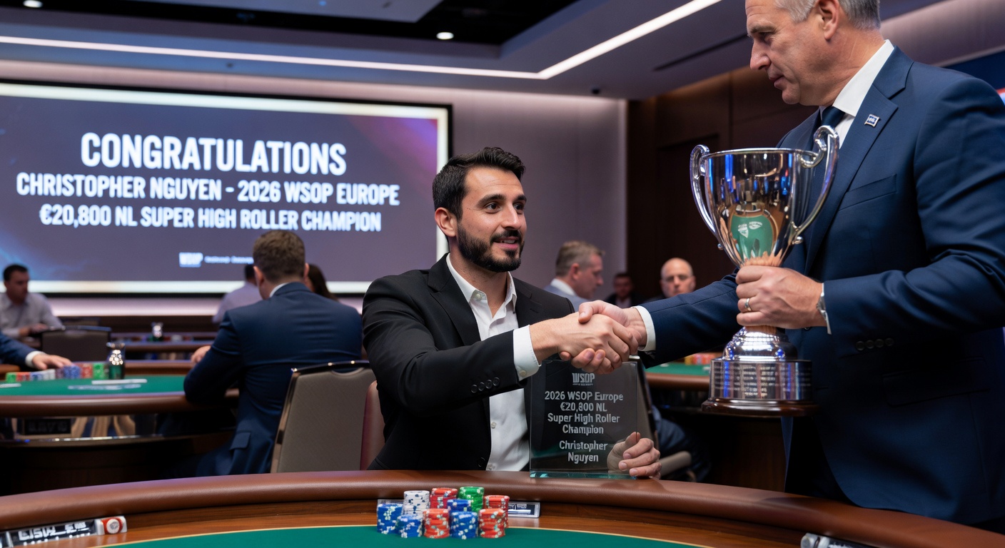 David Wintersberger mit seinem WSOP Europe Bracelet am Pokertisch in Prag, Chip-Stack vor sich und Trophäe in der Hand