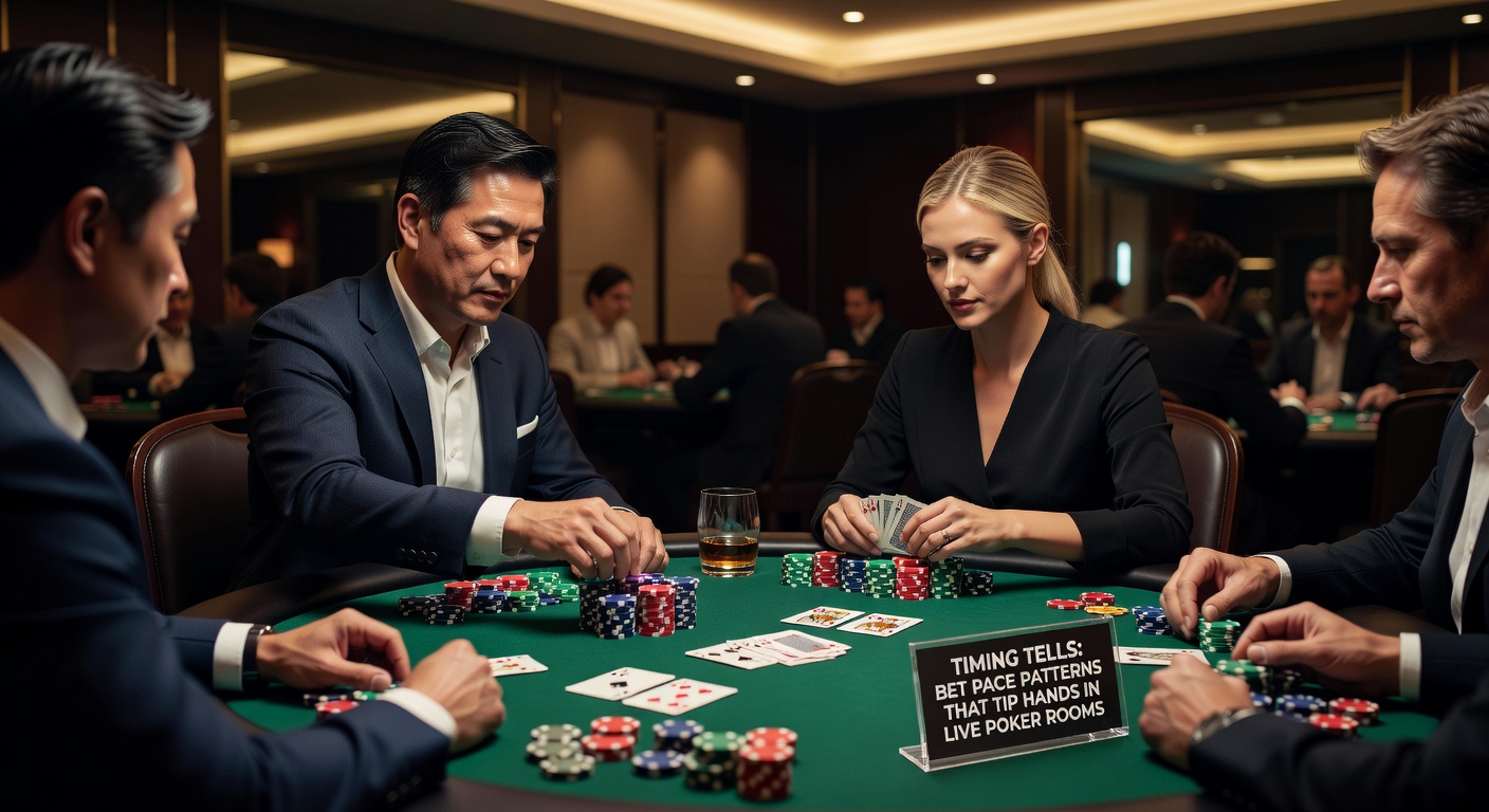 Nahaufnahme eines Pokerspielers, der zögernd überlegt, während der Dealer wartet – ein typisches Timing-Tell-Szenario